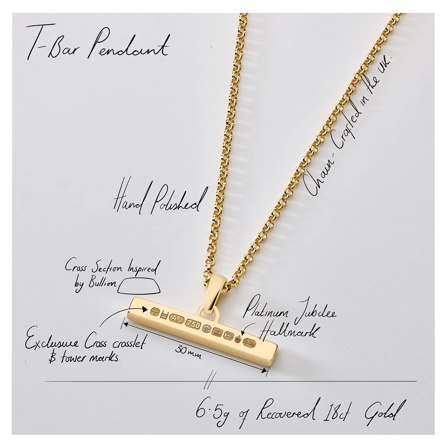 886 Royal Mint Necklaces 886 T-Bar Pendant with Chain in 18ct Yellow Gold