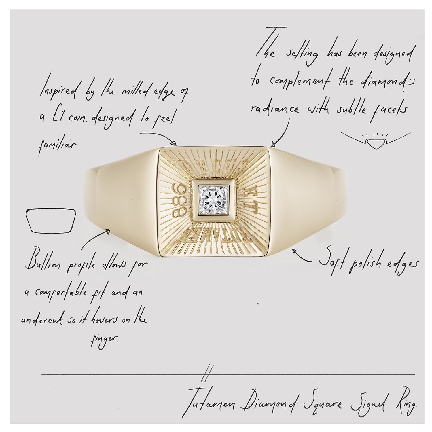 886 Royal Mint Rings Tutamen Diamond Square Signet Ring 18ct Yellow Gold