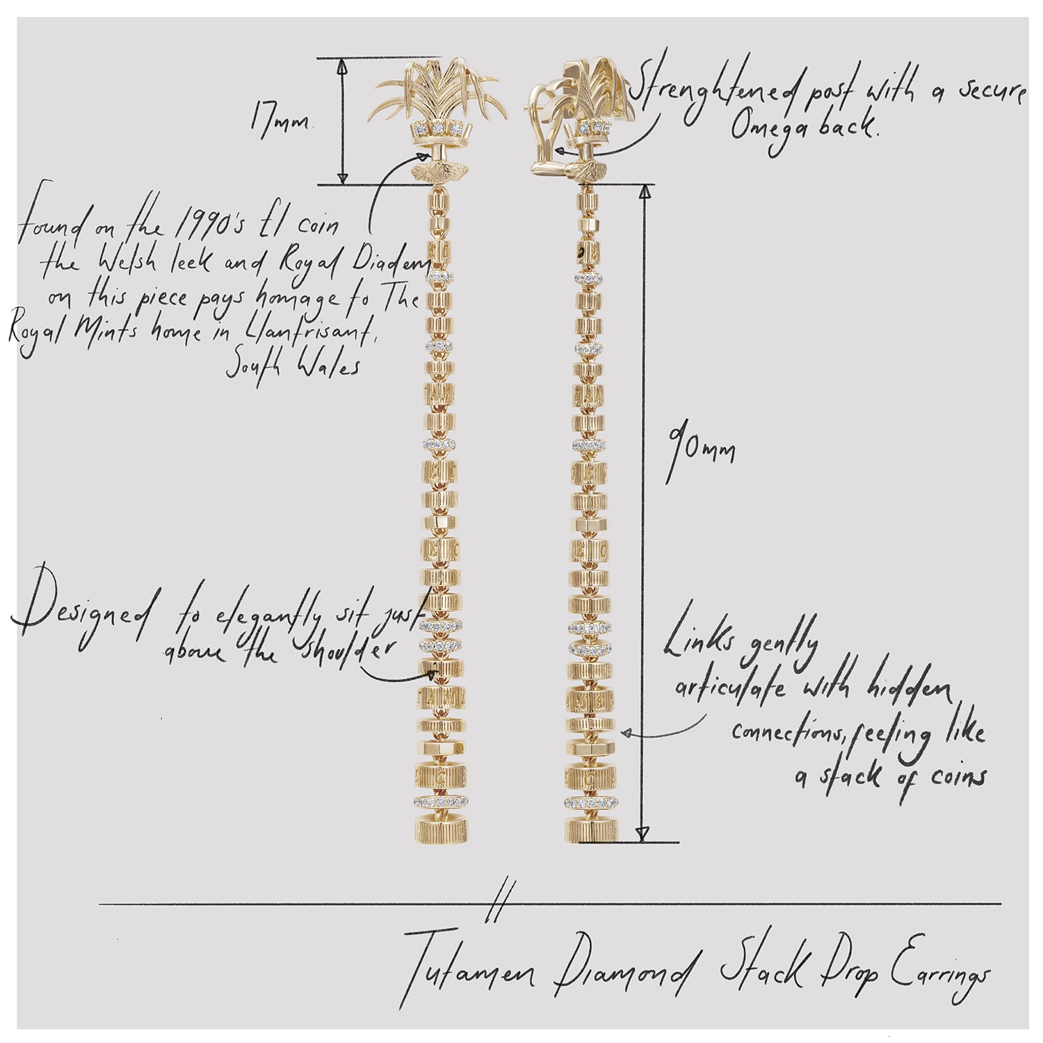 886 Royal Mint Earrings Tutamen Diamond Stack Drop Earrings 18ct Yellow Gold