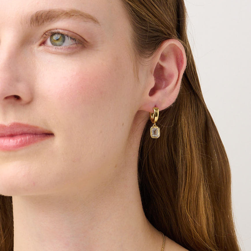 886 Royal Mint Earrings Frameset Emerald Cut Diamond Charm Hoop Earrings, 18ct Yellow Gold