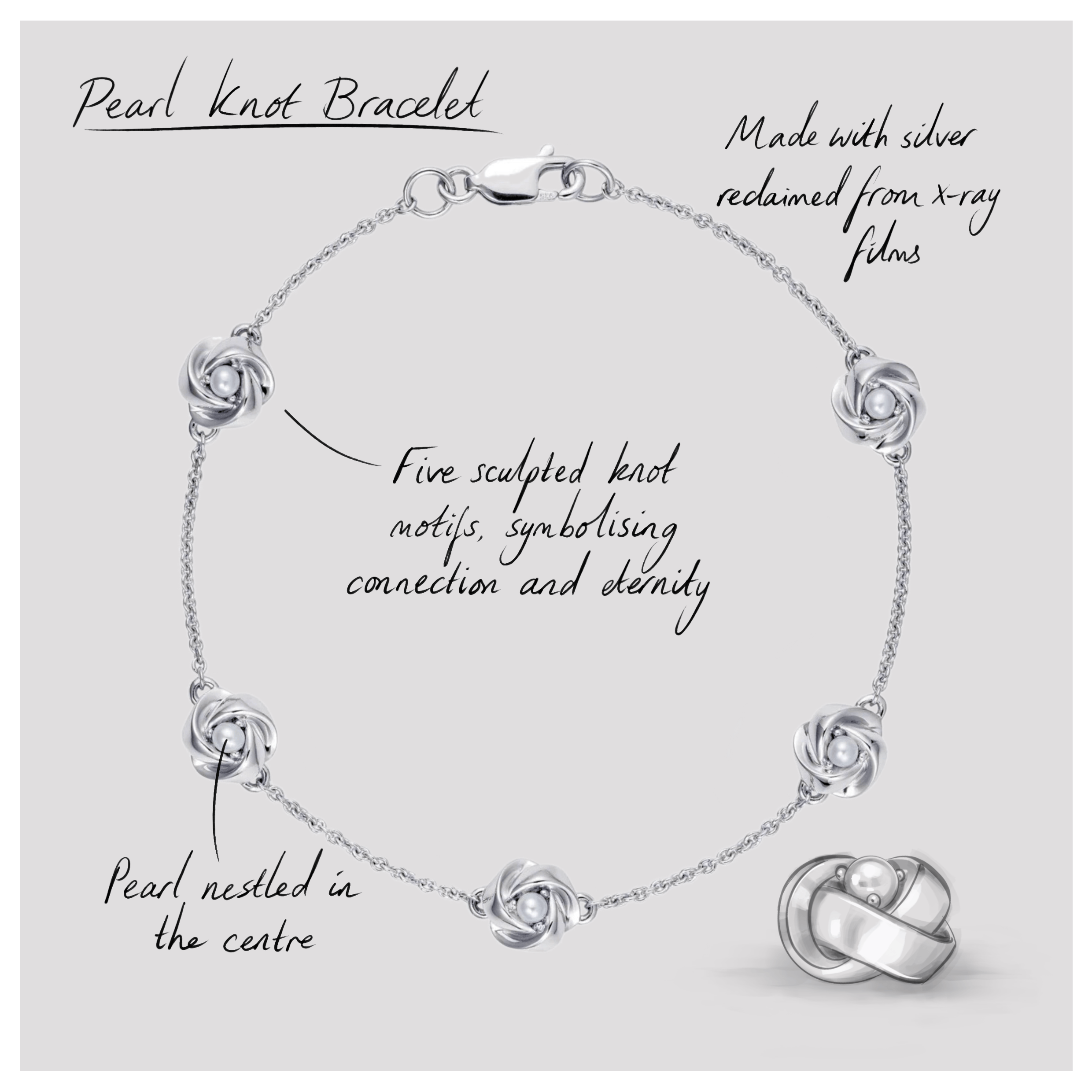 886 Royal Mint Bracelet Pearl Knot Bracelet, 7.5 inch, Sterling Silver
